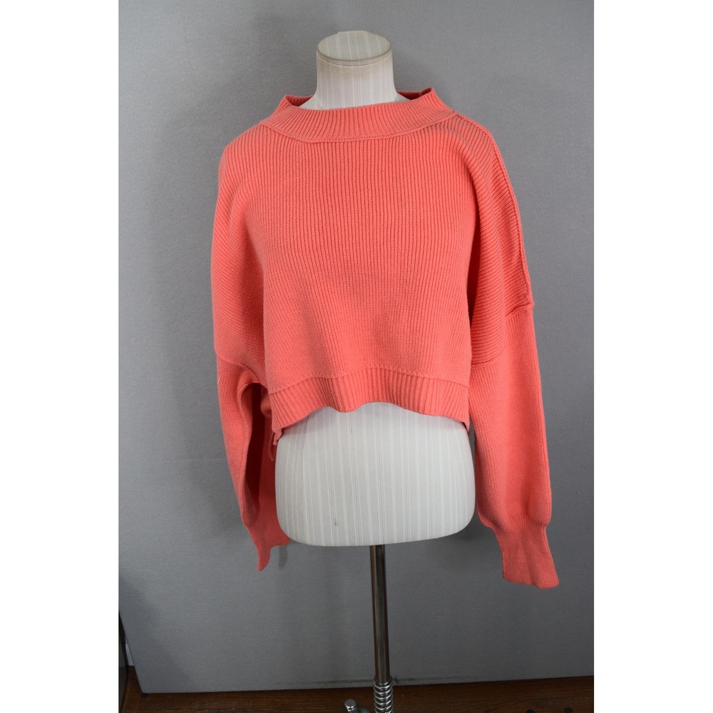 Free People Easy Street Crop Pullover Medium Coral Pink Ribbed Mock Neck Boxy
